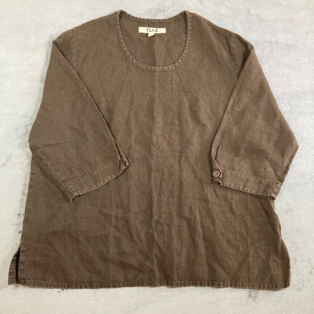 FLAX Womens Medium Brown 100% Linen 3/4 Sleeve Scoop Neck Blouse Top Lagenlook
